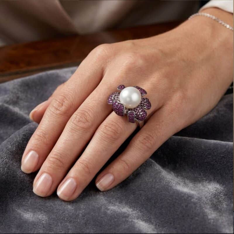 Exquisite Silver Pave Ruby & Sapphire Pearl Ring - KN (Adjustable)