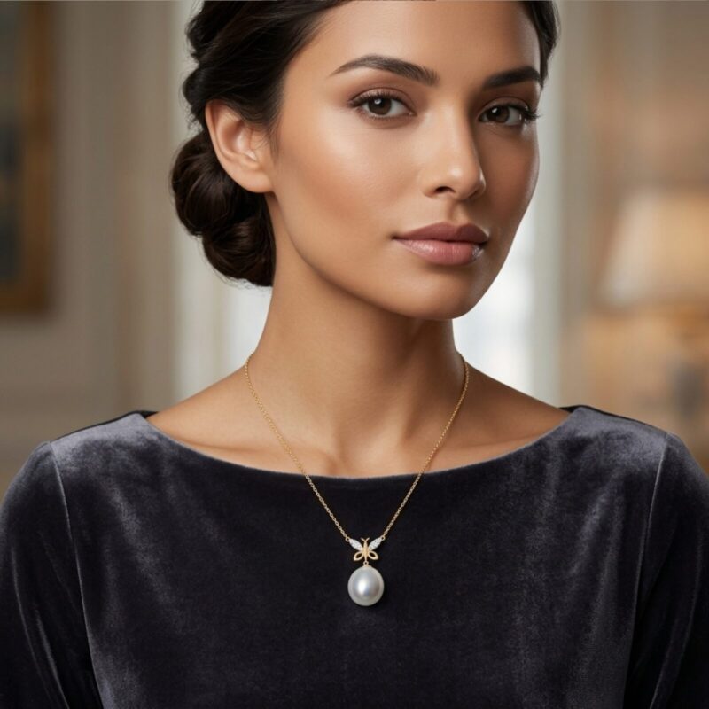 Butterfly Wings Diamond Necklace with Pearl Drop