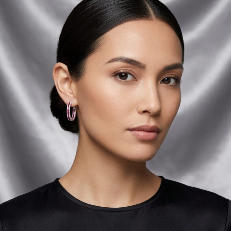 Elegant Ruby & CZ Silver Hoop Earrings
