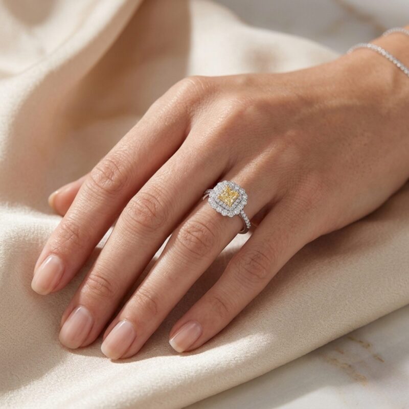 Elegant Yellow centre with Double halo Silver Ring
