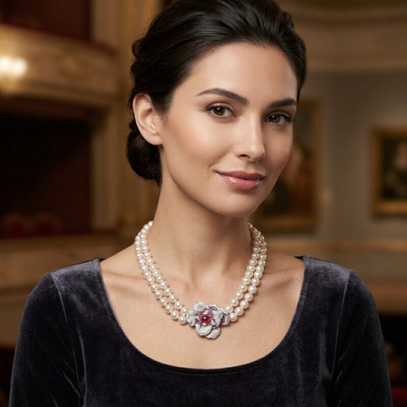 12.jpg Midnight Peony Pearl Necklace/ Round White/ 1 Middle Flower