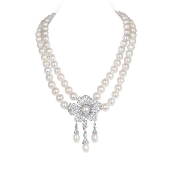 Floral drop round Pearl Necklace/ Round White/ 1 Flower