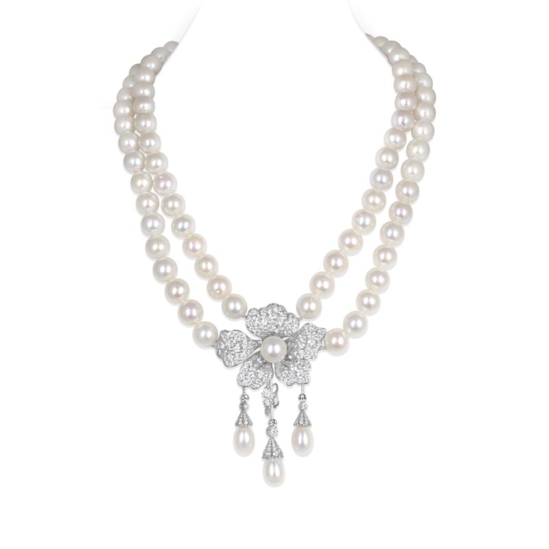 Floral drop round Pearl Necklace/ Round White/ 1 Flower