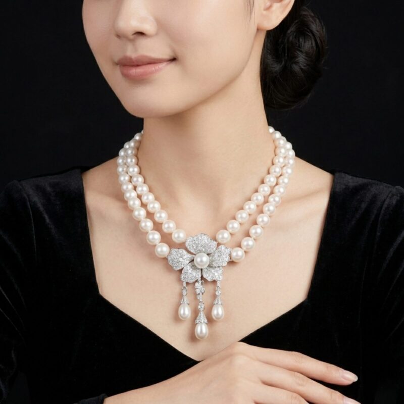 Floral drop round Pearl Necklace/ Round White/ 1 Flower