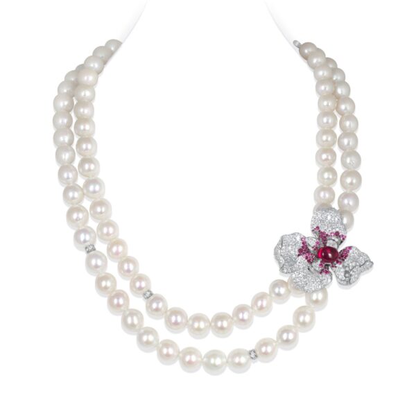 Midnight Peony Pearl Necklace/ Round White/ 1 Flower
