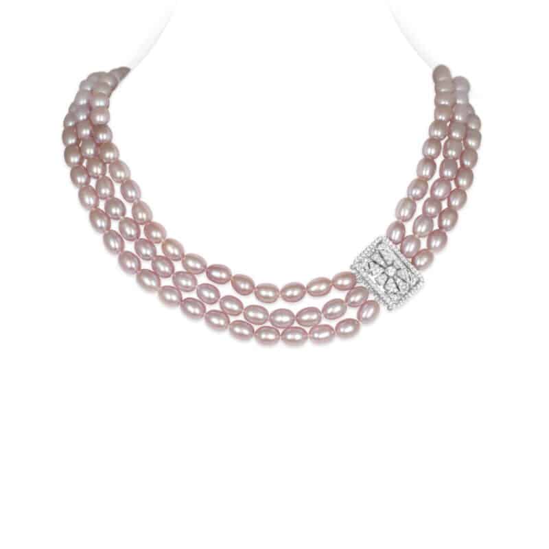 708.jpg Valeria 3 Strands Oval Pearl Necklace/ Champagne Lavender