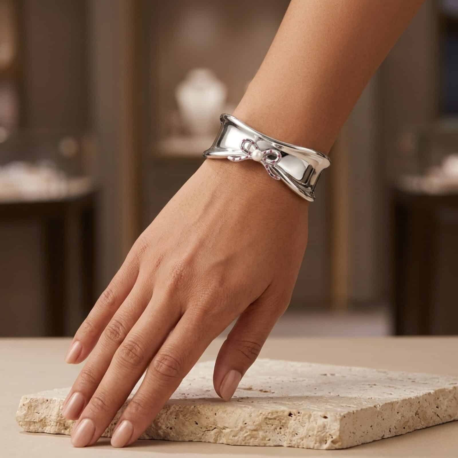 Blushing Bow Cuff Bracelet (Silver)