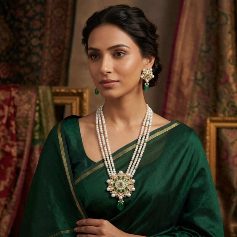 Yanki-16-1-14.jpg Noor Green Long Pearl Necklace + Earring Polki Set C