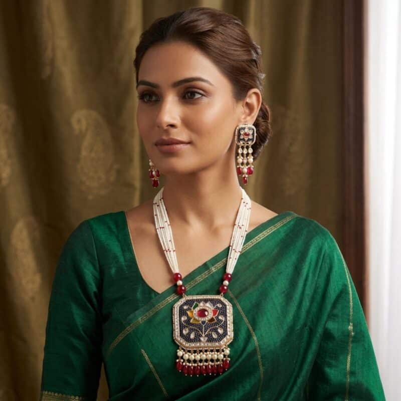 Yanki-16-1-15.jpg Noor Red Long Pearl Necklace + Earring Polki Set G