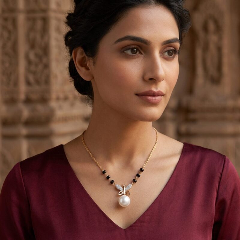 Butterfly Wings Diamond Mangalsutra with Pearl Drop/  6 beads