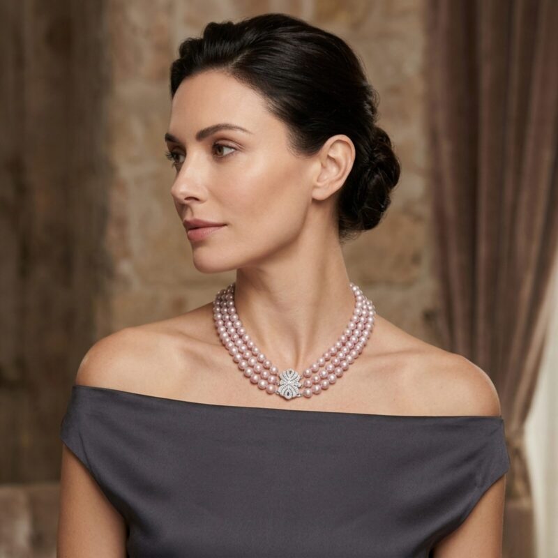 Joyce 3 Strands Lavender Round Pearl Necklace