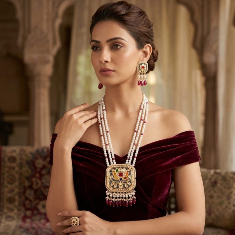 Noor Red Long Pearl Necklace + Earring Polki Set A