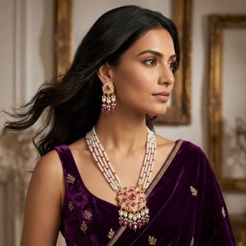 Yanki-16-3-11.jpg Noor Red Long Pearl Necklace + Earring Polki Set B