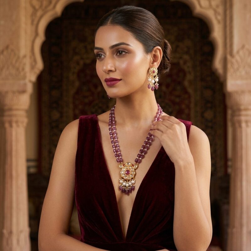 Noor Red Long Necklace + Earring Polki Set D