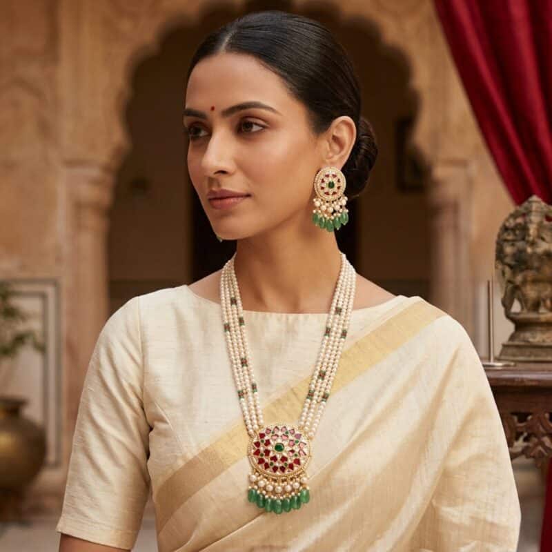 Yanki-16-3-14.jpg Noor Green Long Pearl Necklace + Earring Polki Set E