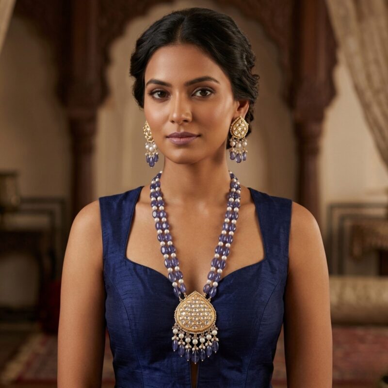 Noor Blue Long Necklace + Earring Polki Set B