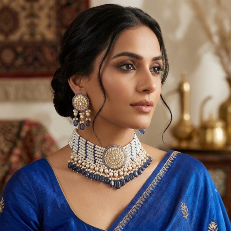 Zeenat Blue Pearl Choker + Earring Polki Set A