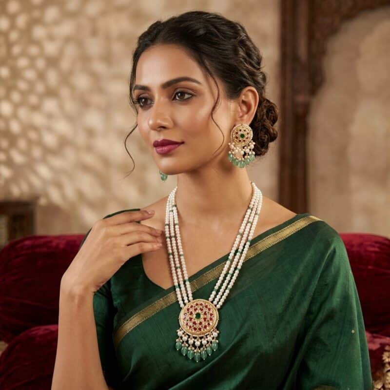 Yanki-16-5-8.jpg Noor Green Long Pearl Necklace + Earring Polki Set D