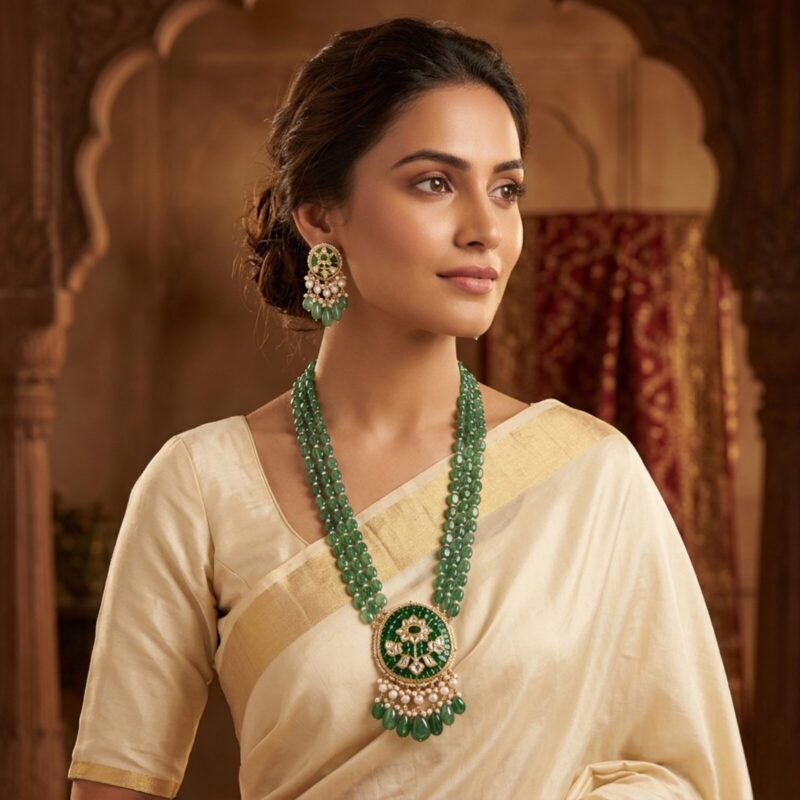 Noor Green Long Necklace + Earring Polki Set B