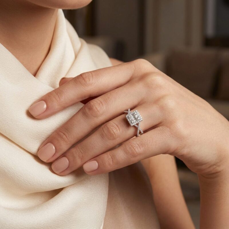 ⁠Jyo Illusion set Baguette Diamond with Halo Ring
