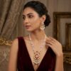 Noor Red Long Pearl Necklace + Earring Polki Set C