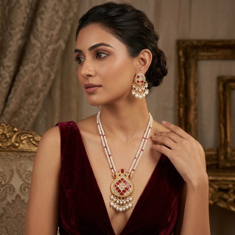 Noor Red Long Pearl Necklace + Earring Polki Set C