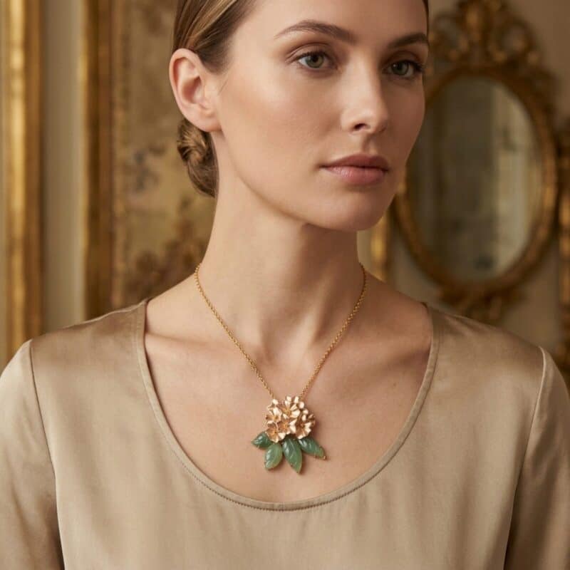 Mountain Beauty Laligurans Pendant/ Brooch  without Pearl splash (Gold Flower/ Green leaf )