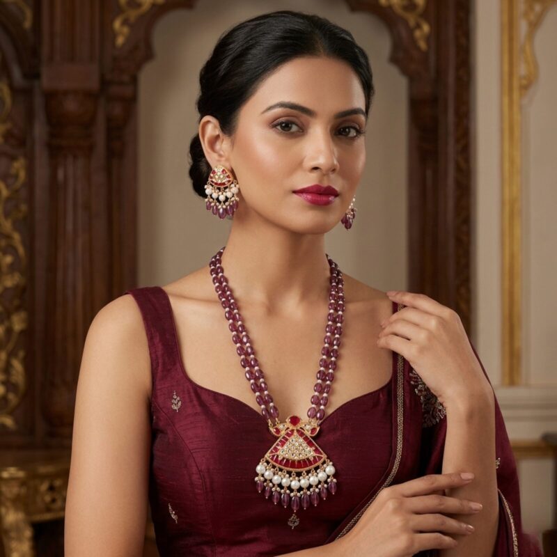Noor Red Long Necklace + Earring Polki Set E
