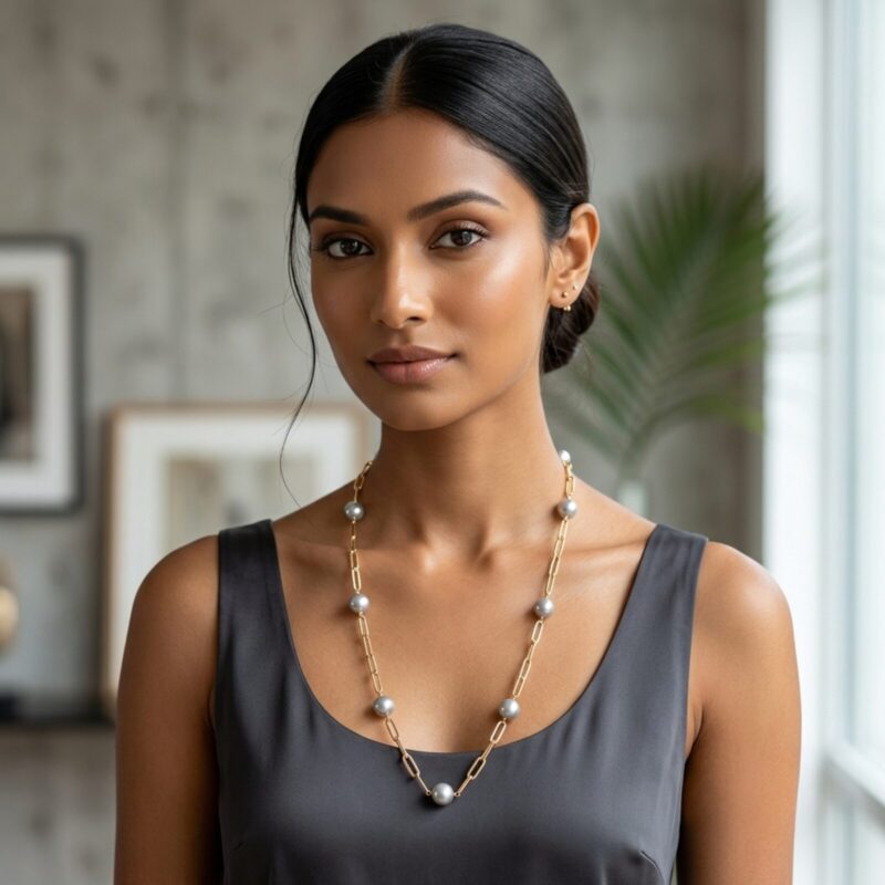 Paperclip Station Pearl Necklace -White FW/ 27 inches